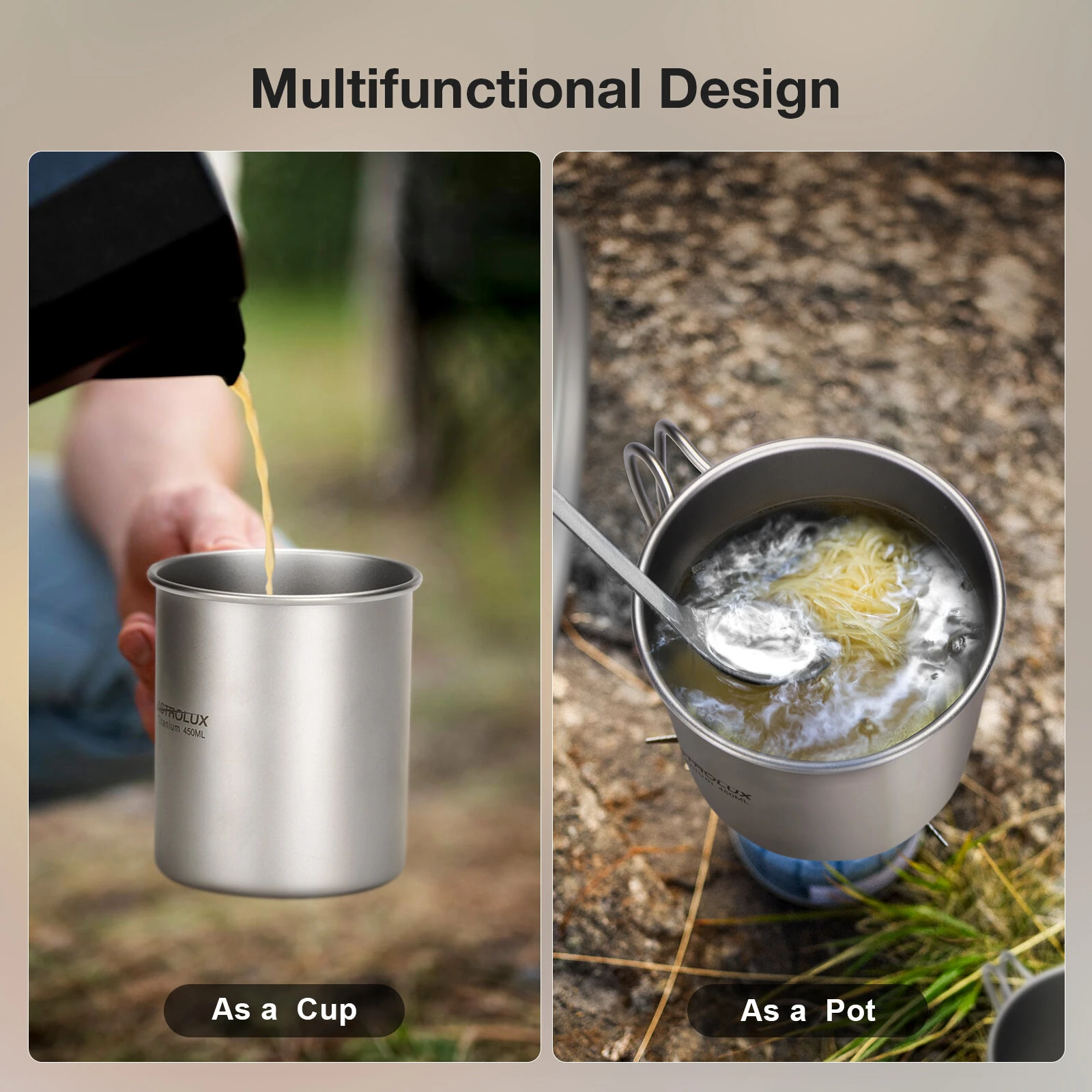 (image for) Astrolux&reg; Ti-M1 Titanium Mug Titanium Pot Lightweight Camping Pot Titanium Cup Titanium Backpacking Pot with Portable Foldable Handles for Outdoor Camping Hiking Backpacking